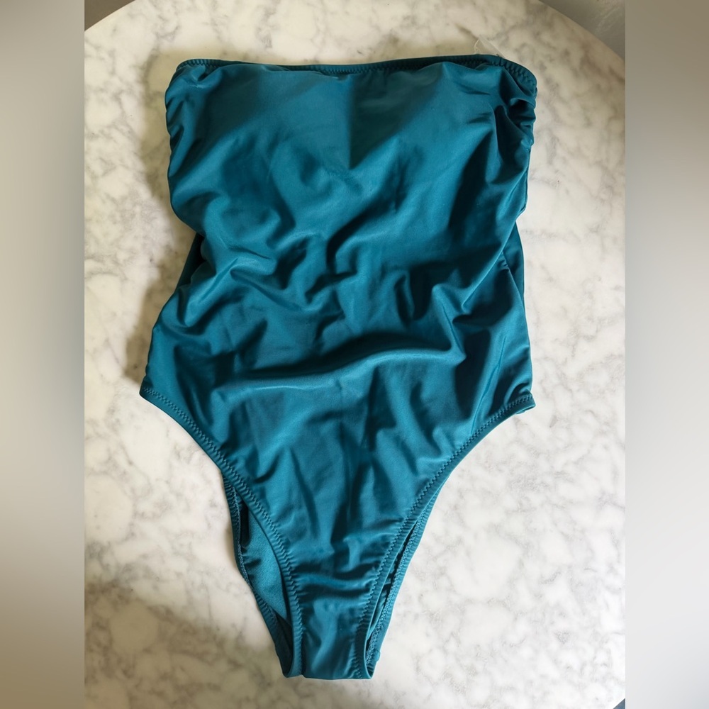 Shade & Shore Teal Strapless One-Piece Swimsuit Back Cutout Bow NWT Size Large - Picture 2 of 8